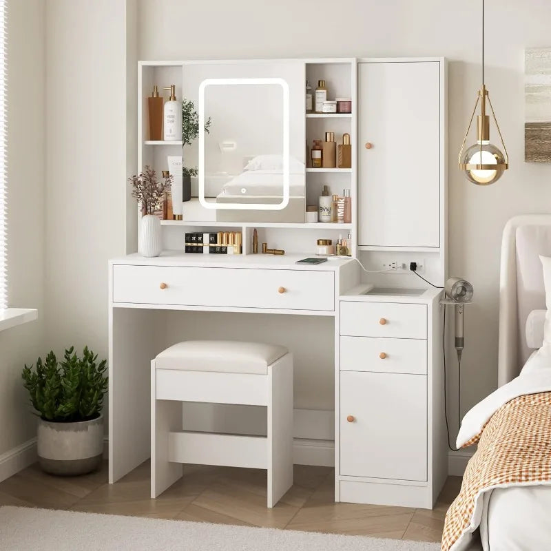 Bureau de coiffeuse blanc avec miroir et lumières, coiffeuse de maquillage avec lumières 3 tiroirs et armoires, meubles de chambre