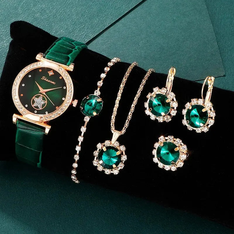6 pièces ensemble vert luxe montre femmes anneau collier boucle d'oreille strass mode montre-Bracelet décontracté dames Bracelet montres