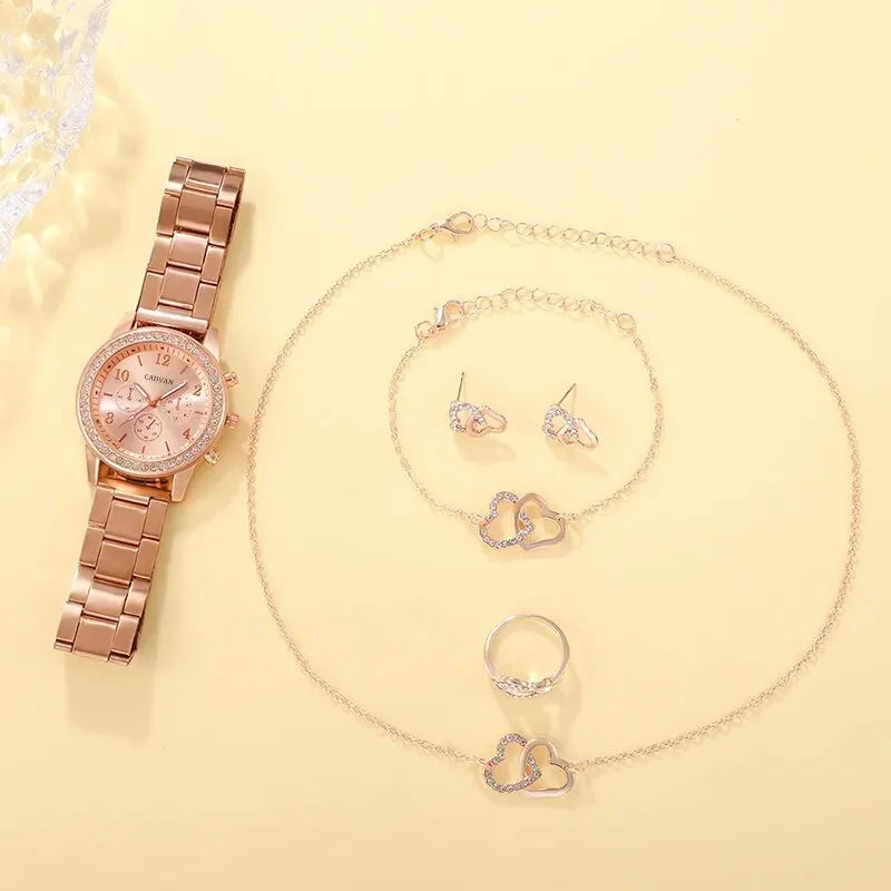 6 pièces ensemble or Rose montre de luxe femmes bague collier boucle d'oreille strass mode montre-Bracelet décontracté dames Bracelet montres