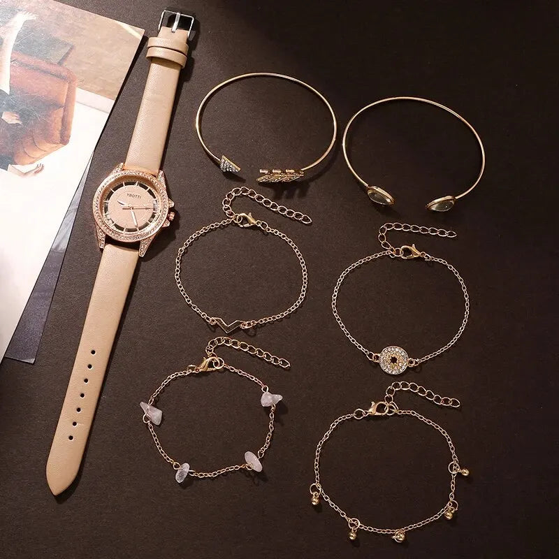 Montre de mode pour femmes, montre-Bracelet analogique de luxe en cuir kaki, montre-Bracelet pour dames, ensemble de bracelets habillés, horloge Reloj Mujer