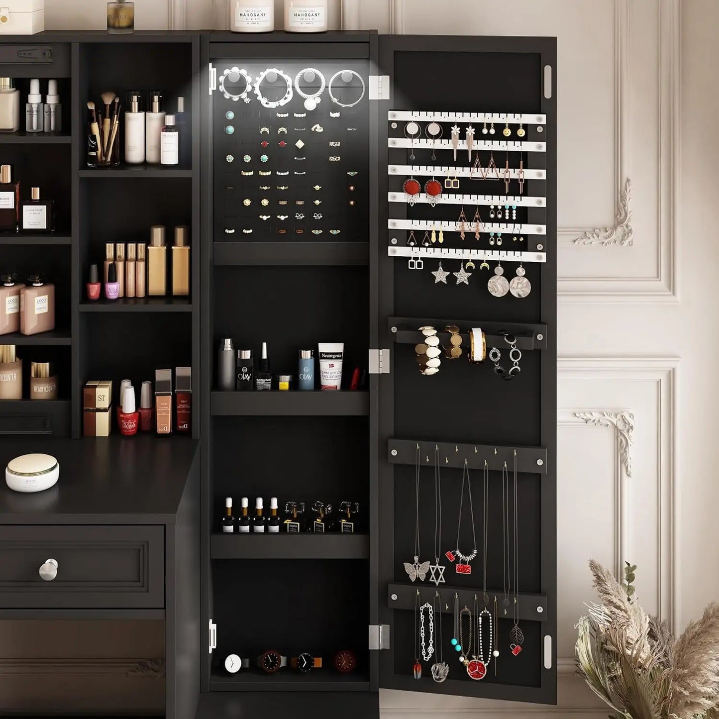 Bureau de maquillage avec miroir coulissant éclairé par LED, coiffeuse avec armoire à bijoux et 4 tiroirs, station de recharge et lots