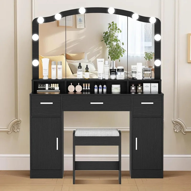 Grand bureau avec grand miroir éclairé, coiffeuse de maquillage moderne avec 3 tiroirs et 10 ampoules LED