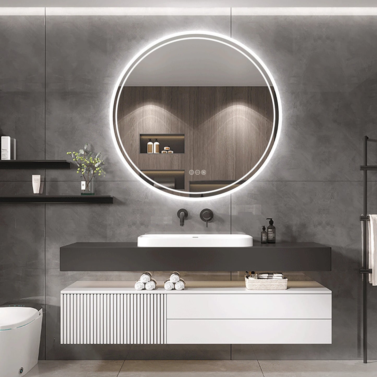 grand miroir rond à éclairage intelligent, pour salle de bains, écran tactile, intensité variable, Anti-buée, miroir lumineux LED pour salle de bains