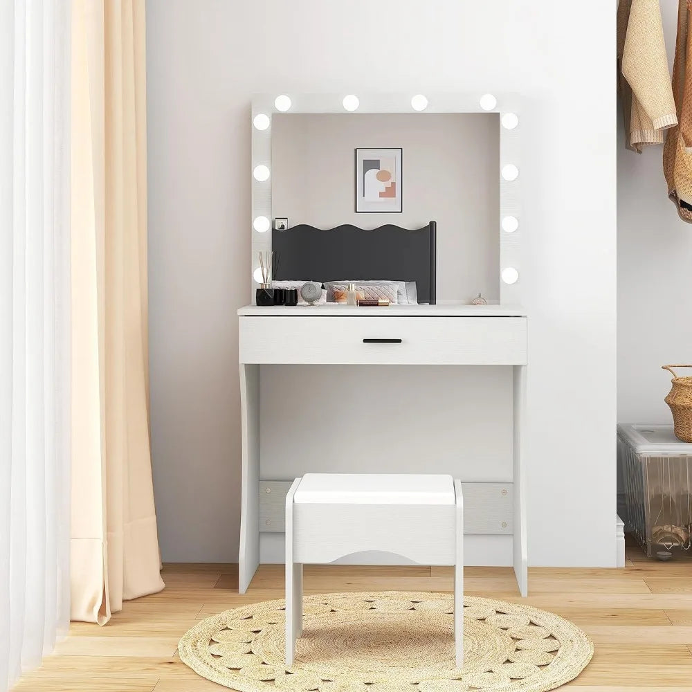 Bureau de coiffeuse avec miroir et lumières réglables, table de maquillage avec un tiroir et tabouret