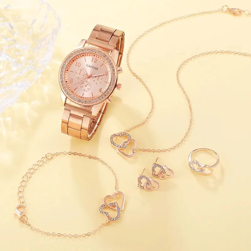 6 pièces ensemble or Rose montre de luxe femmes bague collier boucle d'oreille strass mode montre-Bracelet décontracté dames Bracelet montres