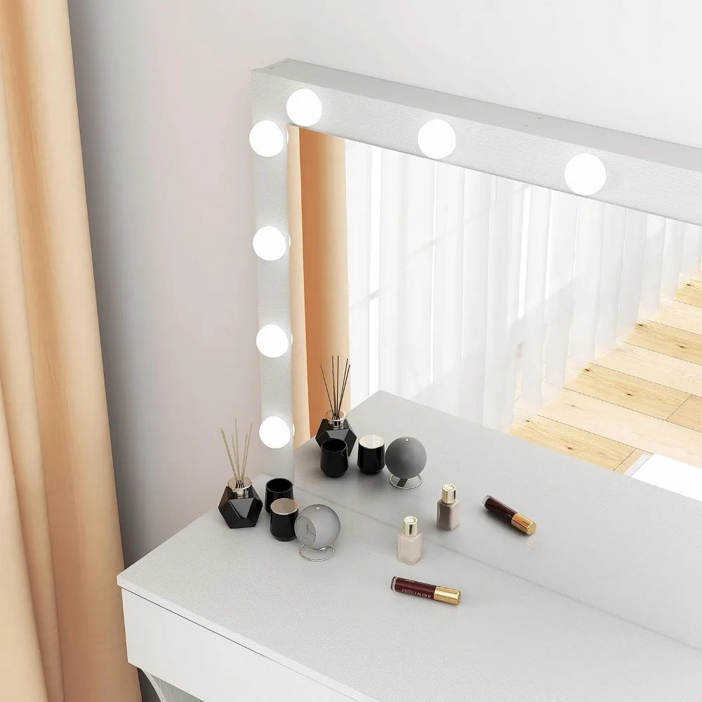 Bureau de coiffeuse avec miroir et lumières réglables, table de maquillage avec un tiroir et tabouret