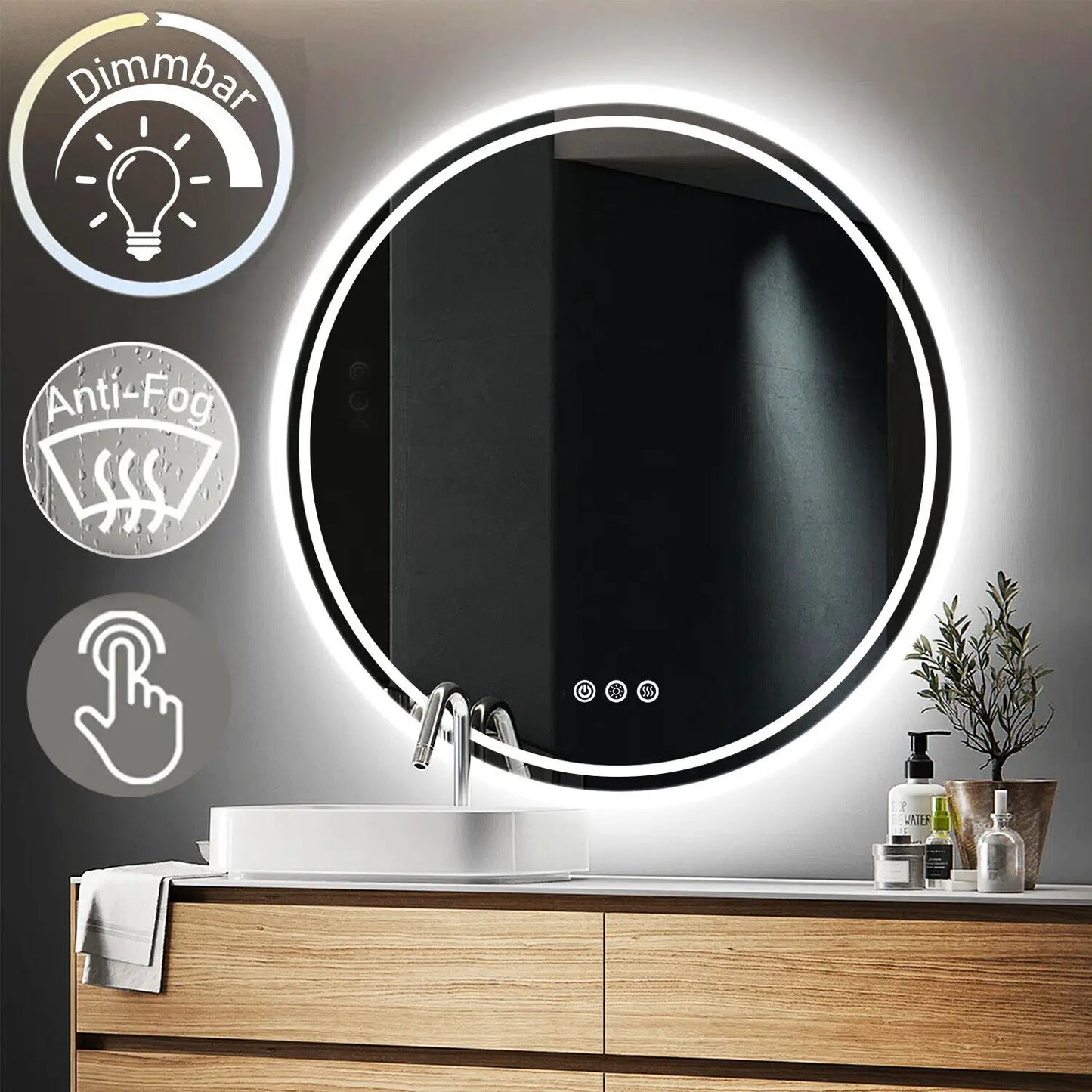 grand miroir rond à éclairage intelligent, pour salle de bains, écran tactile, intensité variable, Anti-buée, miroir lumineux LED pour salle de bains