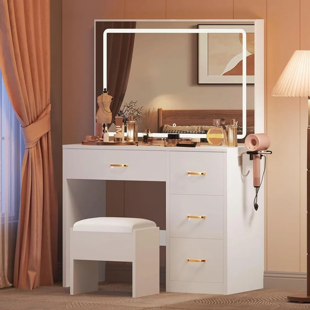 Bureau de maquillage avec grand miroir éclairé, bande LED, meuble pour chambre à coucher, articles de toilette, coiffeuse
