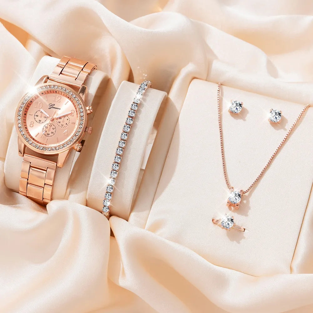 6 pièces ensemble montre de luxe femmes bague collier boucles d'oreilles strass mode montre-bracelet femme décontracté dames montres Bracelet ensemble horloge