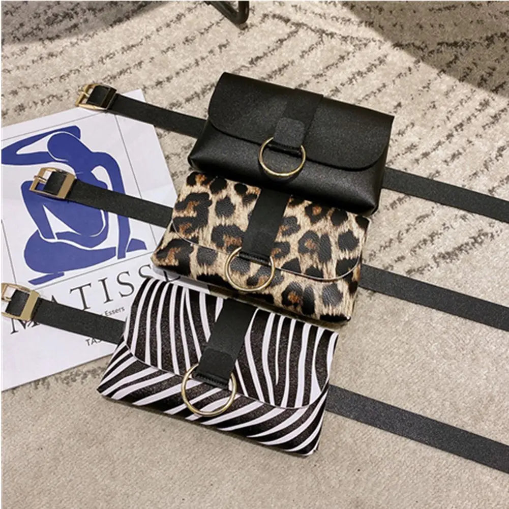Mini sac de taille 2 en 1 à rayures léopard, porte-monnaie pour dames, sac de ceinture pour téléphone portable, sac de taille à rabat en cuir, sac banane