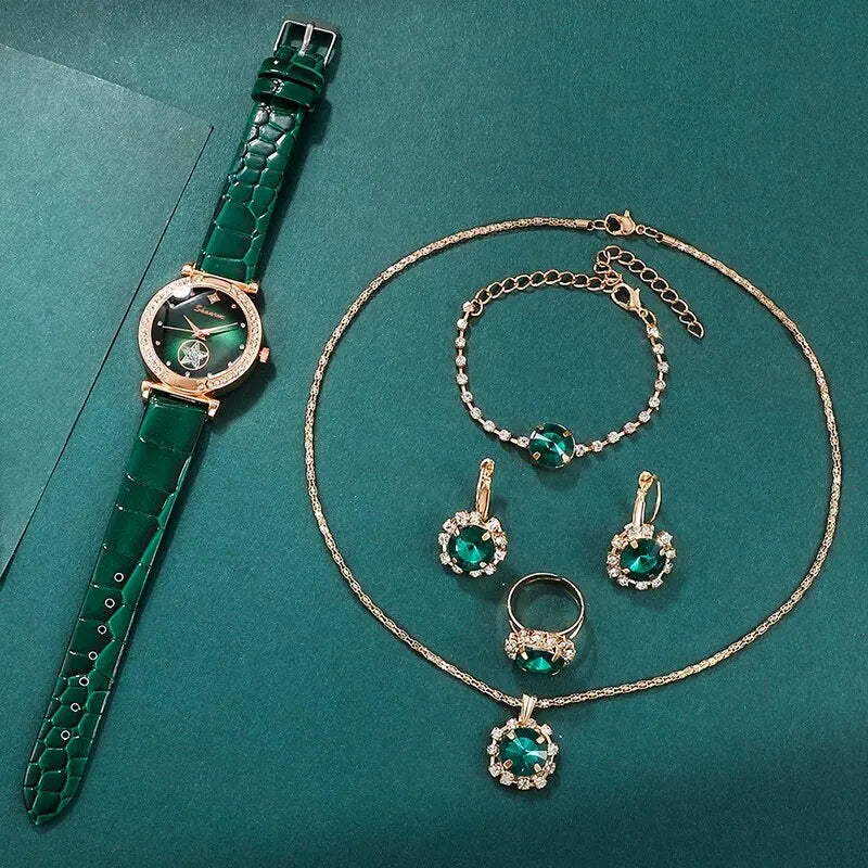 6 pièces ensemble vert luxe montre femmes anneau collier boucle d'oreille strass mode montre-Bracelet décontracté dames Bracelet montres