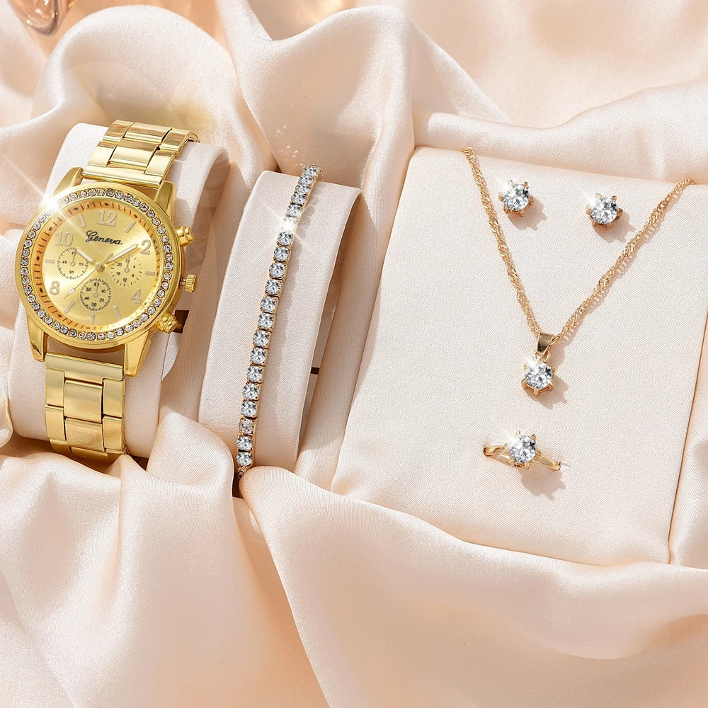 6 pièces ensemble montre de luxe femmes bague collier boucles d'oreilles strass mode montre-bracelet femme décontracté dames montres Bracelet ensemble horloge